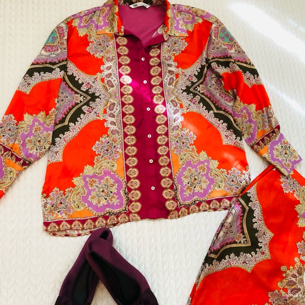 Zara Orange and Purple Patterned Blouse pant set